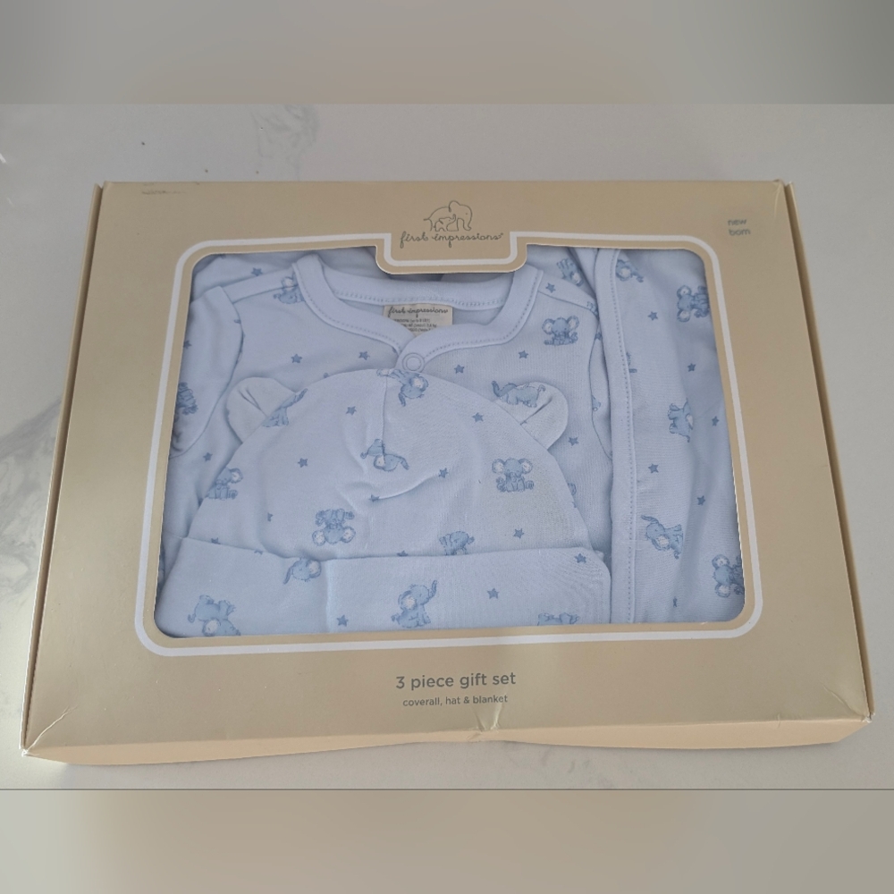 First Impressions Coverall Hat and Blanket 3 Pc Gift Set Baby Unisex Blue